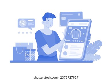 Man Using Tags Promotion For Shopping Online On Mobile Commerce