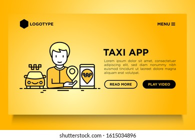Man using taxi app on smartphone. Web page template with copy space. Thin line icon. Vector illustration.