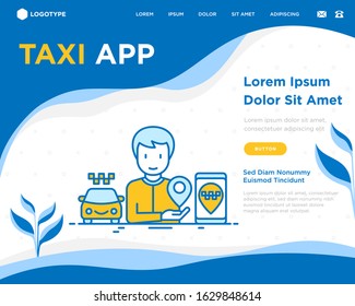 Man using taxi app on smartphone. Web page template with copy space. Thin line icon. Vector illustration.