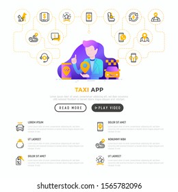 Man using taxi app. Web page template with thin line icons: payment method, promocode, app settings, info, support service, phone number, location, pointer, route, destination. Vector illustration.