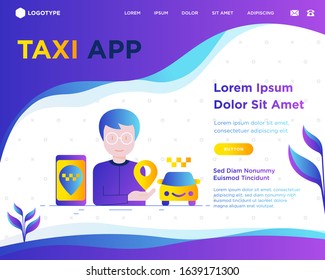 Man using taxi app. Web page template with flat gradient icons: app settings, info, support service, location, pointer, route, destination. Vector illustration.