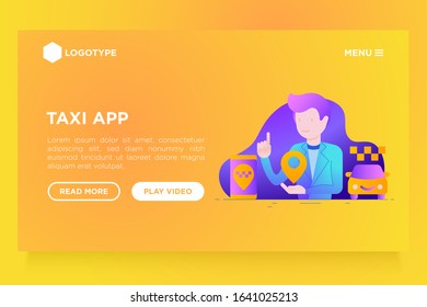 Man using taxi app. Web page template with flat icons: app settings, info, support service, location, pointer, route, destination. Vector illustration.