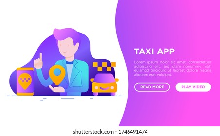 Man using taxi app. Web page template with flat icons: app settings, info, support service, location, pointer, route, destination. Vector illustration.