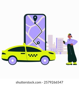 Man Using Taxi Booking App on Smartphone in Flat Vector Illustration Symbolizing Digital Ride Hailing and Urban Transportation, Isolated on White Background