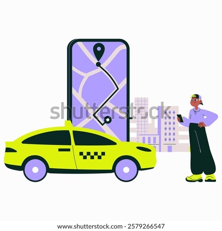 Man Using Taxi Booking App on Smartphone in Flat Vector Illustration Symbolizing Digital Ride Hailing and Urban Transportation, Isolated on White Background