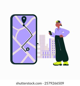 Man Using Taxi Tracking App on Smartphone in Flat Vector Illustration Symbolizing Ride Monitoring and Urban Transportation, Isolated on White Background
