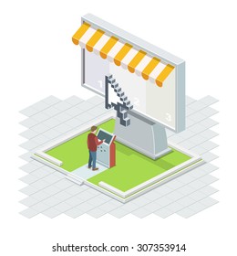 The man using it technologies. The Big Isometric vector screen with a cursor and a terminal.