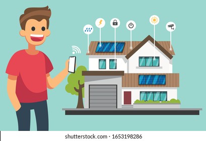 A man using a telephone to control home appliances. concept of home technology system with wireless  control. smart home concept. vector illustration.