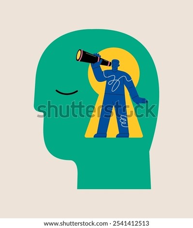 Man using telescope to look into the distance Self-discovery. Colorful vector illustration
