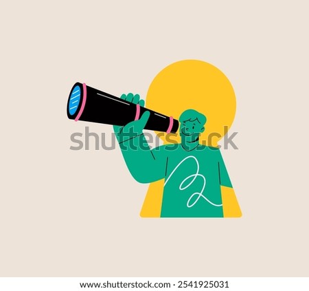 Man using telescope to look into the distance Self-discovery. Colorful vector illustration