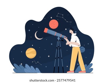 A man using a telescope to observe celestial bodies, including planets, stars, and constellations, under a dark night sky. Creative astronomy concept. Vector illustration