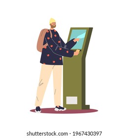 Man using terminal for self service payment. Modern touch screen informational kiosk technology. Digital machine panels concept. Cartoon flat vector illustration