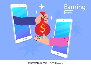 Hombre usando sus teléfonos como billeteras electrónicas. Gente enviando y recibiendo dinero. Concepto de compras móviles. el hombre feliz obtiene dinero y recompensa en línea. Transferencia de pago de dinero en línea. vector de contorno.