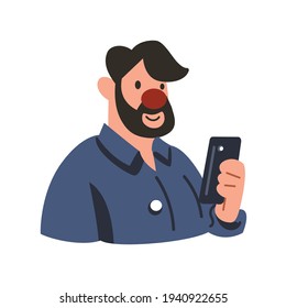 A man using their smartphone cute flat vector illustration. Portrait of a man using mobile phone for 
 communication, social media, mobile internet and any business.