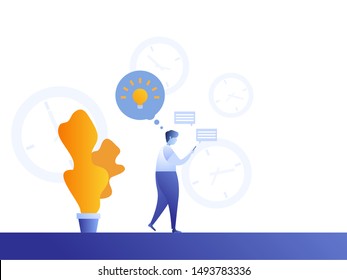 man using time in social media for finding a fresh idea, vector illustration cartoon flat design