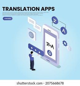 Man using translation app on phone isometric 3d vector concept for banner, website, illustration, landing page, flyer, etc.