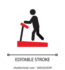 Man using treadmill silhouette icon. Gym. Sports training. Isolated vector illustration. Editable stroke