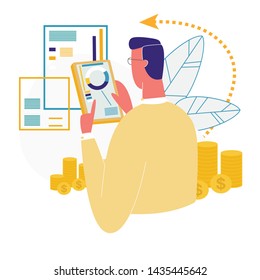 Man Using Trendy Mobile Banking App. Cryptocurrency Technology. Bitcoin Exchange. Financial Analytics, Statistics, Trading Business Application Finance Analysis Graphs Cartoon Flat Vector Illustration