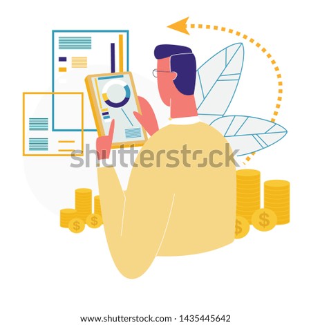 Man Using Trendy Mobile Banking App. Cryptocurrency Technology. Bitcoin Exchange. Financial Analytics, Statistics, Trading Business Application Finance Analysis Graphs Cartoon Flat Vector Illustration