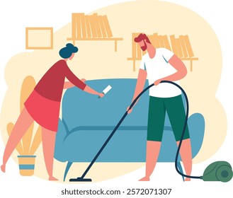 Man using vacuum cleaner and woman cleaning sofa with lint roller, working together to tidy up their living room, depicting household chores and teamwork in maintaining a clean home environment