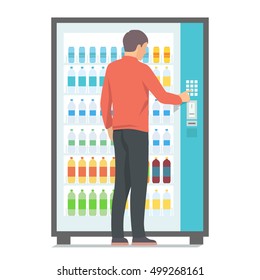 Man using vending machine with drinks. Vector illustration