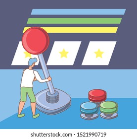 man using video game control set buttons and joystick vector illustration design