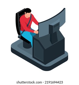 Man using virtual driving simulator 3d isometric vector illustration