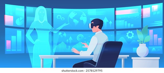 Man using virtual reality with futuristic holographic interface. Vector illustration