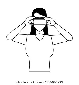 Man using virtual reality glasses in black and white