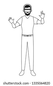 Man using virtual reality glasses in black and white