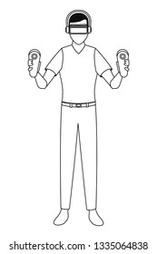Man using virtual reality glasses in black and white