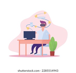Man using virtual reality glasses at work flat vector illustration