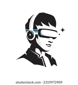 Man using virtual reality glasses vector silhouette style design, young man using a VR headset and experiencing virtual reality