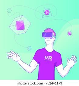 Man using virtual reality glasses and touching vr interface. Vector illustration with geometric figures, man and virtual reality glasses.