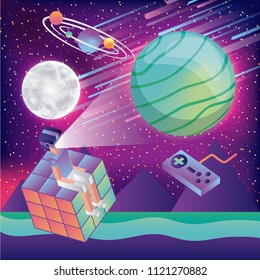 man using virtual reality headset and control wtching planets system solar cosmos