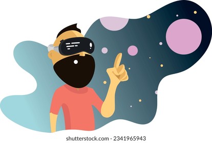 Man using a virtual reality mask and navigating a virtual universe of planets