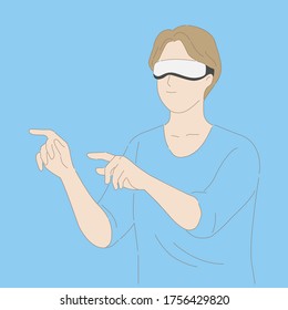 Man using virtual reality. VR glasses. Online concept. Hand draw thin line style. Vector illustration.