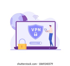 Man using VPN for laptop or computer. User protecting personal data with VPN service. Concept of virtual private network, сyber security, secure web traffic, data protection. Vector illustration