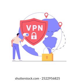 Man using VPN for laptop or computer. User protecting personal data with VPN service. Concept of virtual private network, сyber security, secure web traffic, data protection. Vector illustration