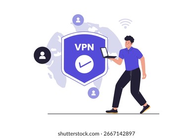 Man Using VPN for Secure Internet Connection Illustration (Manual usando VPN para a ilustração de conexão segura com a Internet). Ilustração plana de vetor
