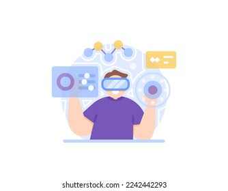 a man using VR device or virtual reality. playing and enjoying virtual reality technology. explore virtual worlds. holograms, entertainment, and games. concept illustration designs. vector elements