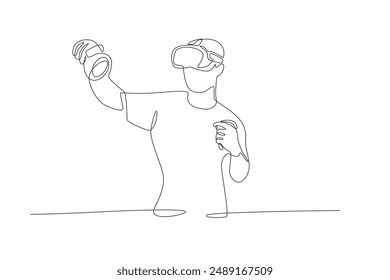 Man using vr. Digital technology concept one-line drawing