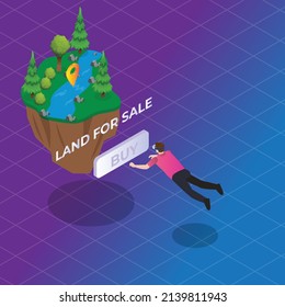 Man using VR glasses floating in metaverse buying land isometric 3d vector illustration for banner, website, illustration, landing page, template, etc