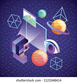 man using vr goggles screen planet 3d figures and screen