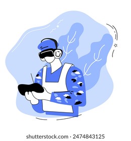 Man using VR headset and control panel, flat vector illustration on white background. VR technologies for training and orienteering sports. Augmented reality technology.