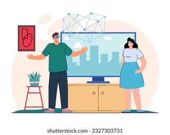 Man using VR headset at home vector illustration. Cartoon drawing of wife looking at husband seeing geometric shapes in VR glasses. Virtual reality, modern technology, entertainment, leisure concept