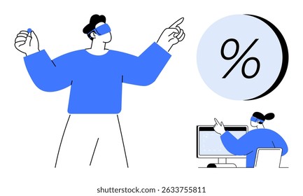 Man using VR headset pointing, another person working at a desk with a computer, large percentage symbol. Ideal for finance, tech, virtual reality, business analysis, digital marketing