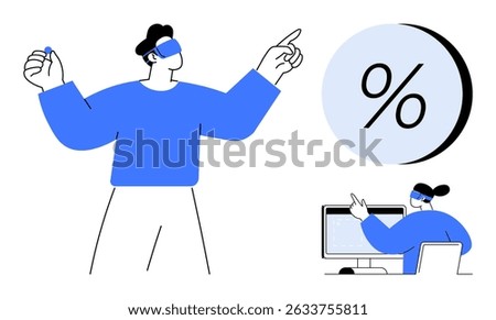 Man using VR headset pointing, another person working at a desk with a computer, large percentage symbol. Ideal for finance, tech, virtual reality, business analysis, digital marketing