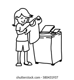 man using washing machine and holding t-shirt - illustration vector doodle hand drawn, isolated on white background
