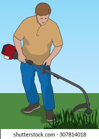 Man using weed whacker to trim unwanted weeds in yard